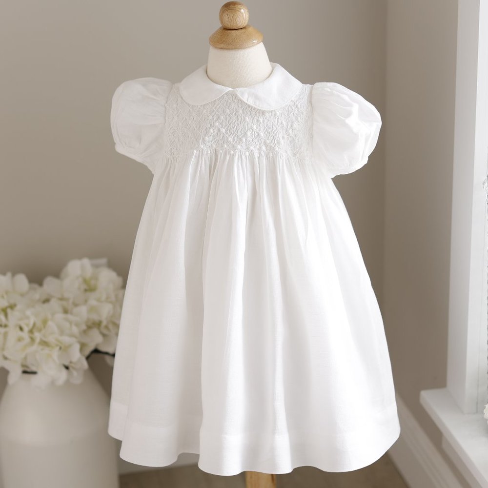 White Smocked Strasburg Dress Linen Beach Portrait Wedding Special Occasion NWT